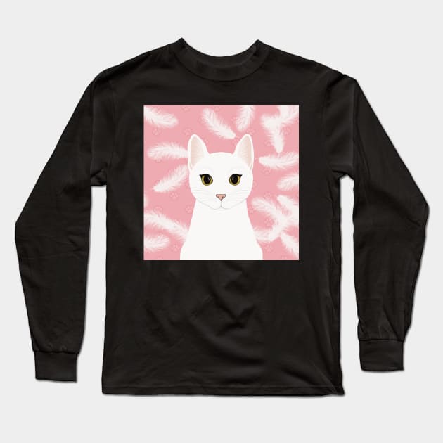 The cute white cat queen is watching you , white feathers and small kitten footsteps in the pink background Long Sleeve T-Shirt by marina63